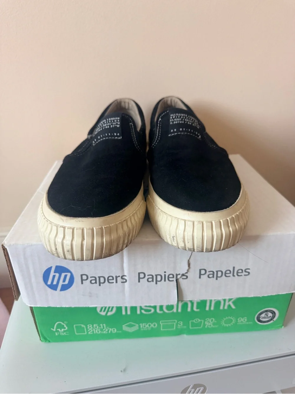 All Saints Black Canvas Slip-On Loafers with Cream Ribbed Soles